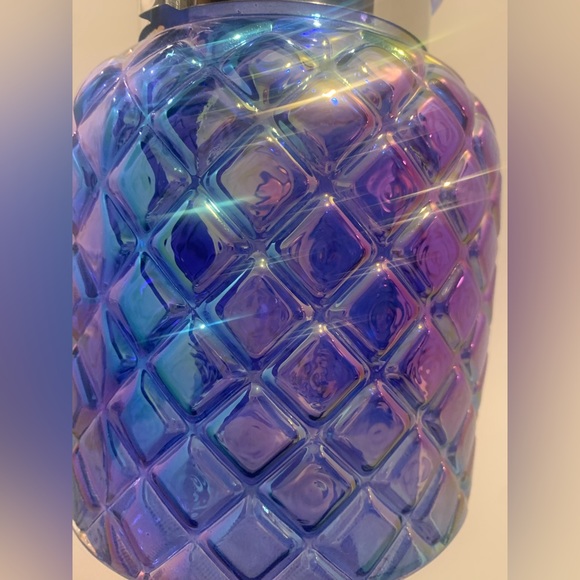 Blue Opalescent Patterned Glass Lantern/Vase W Silver Metal Band & Handle 6.5” - Picture 13 of 13